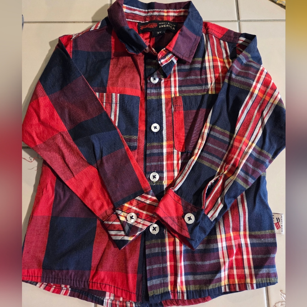 3T Perry Ellis Red and Navy Plaid Button Up Shirt